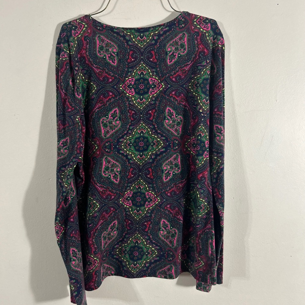 Talbots Paisley Long Sleeve Tee Womens Medium Navy Pink Green Stretch